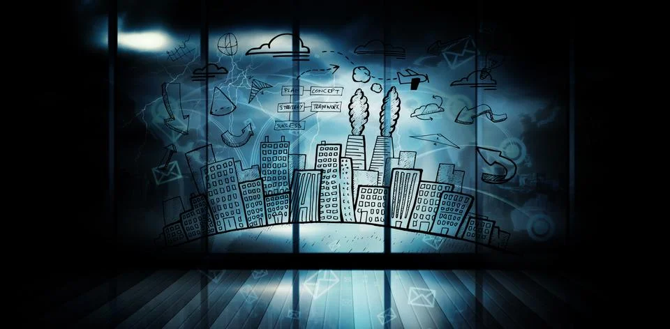 Composite image of cityscape with brainstorm doodle Ilustración de archivo