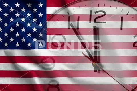 Composite image of clock and American flag Stock Photos