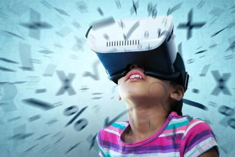 Composite image of close up of girl using virtual reality simulator Stock Photos