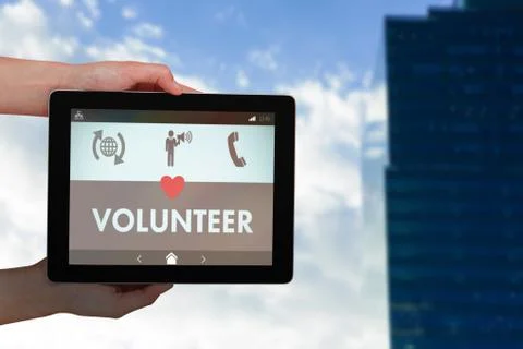 Composite image of close-up of hands holding digital tablet Stock Photos