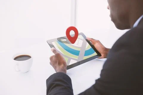 Composite image of close-up of red map pointer Foto stock