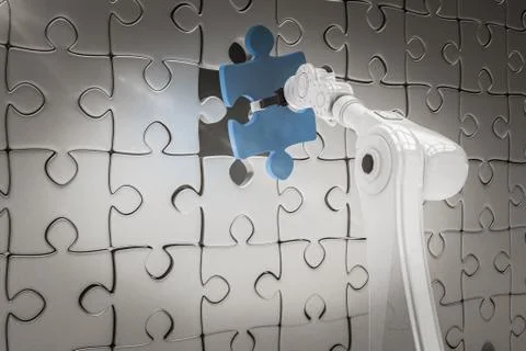 Composite image of close up of robotic arm putting blue jigsaw piece on puzzle Stock Illustration