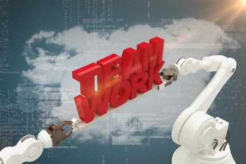 Composite image of close-up of robotic hand holding team work message Stock Photos