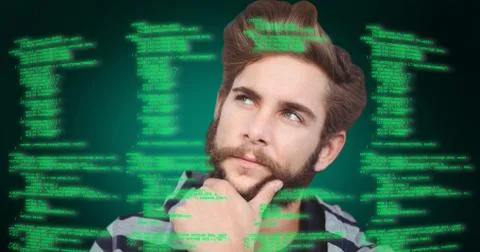 Composite image of close-up of thoughtful hipster with hand on chin Stock Photos