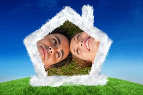 Composite image of close up of two friends looking at each other while lying Ilustração Stock