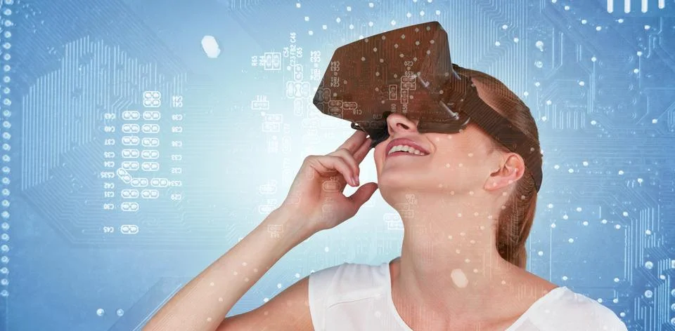 Composite image of close up of woman using virtual reality headset Stock Photos