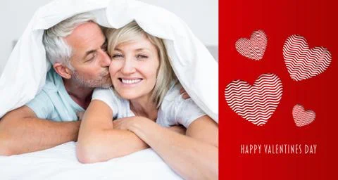 Composite image of closeup of mature man kissing womans cheek in bed 스톡 일러스트