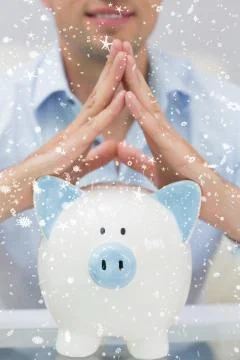 Composite image of closeup mid section man with piggy bank at home Stock Illustration