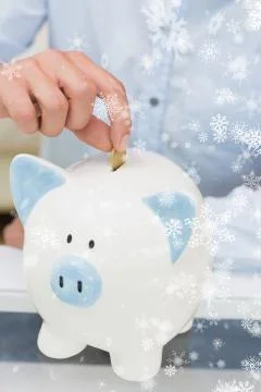 Composite image of closeup mid section of a man putting coin into piggy bank Stock Illustration