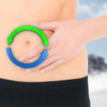 Composite image of closeup mid section of a fit woman with stomach pain イラスト素材