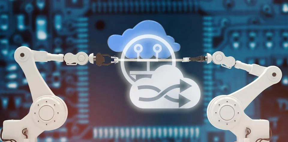 Composite image of cloud with shuffle symbol against connectivity antenna Foto stock