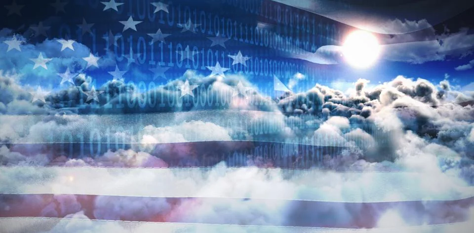 Composite image of clouds and binary coded computer screen Stock Illustration