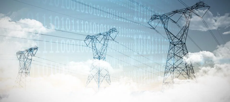 Composite image of clouds and binary coded computer screen 写真素材