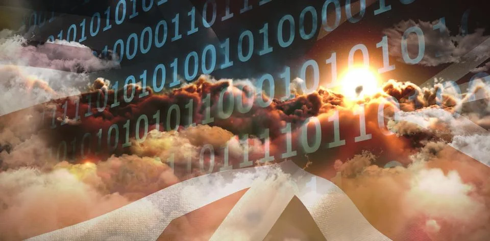 Composite image of clouds around binary codes Illustrazione stock