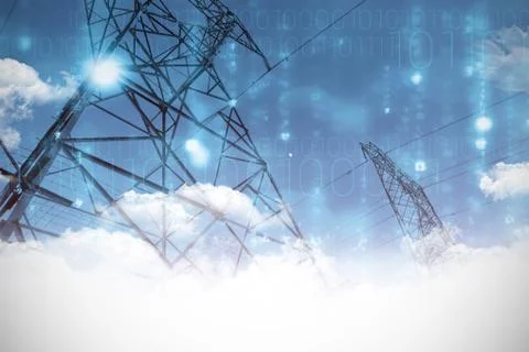 Composite image of clouds over binary coded screen Stock Photos