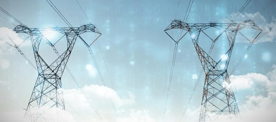 Composite image of clouds over binary coded screen 写真素材