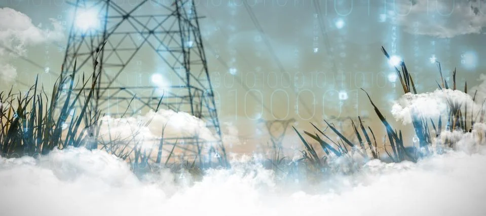 Composite image of clouds over binary coded screen Stock Photos