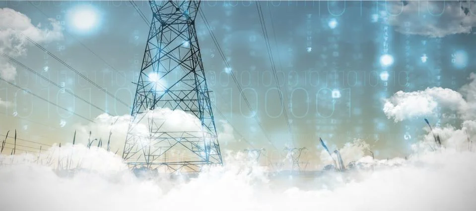 Composite image of clouds over binary coded screen 写真素材