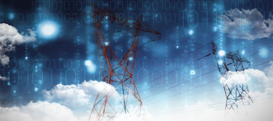 Composite image of clouds over binary coded screen 写真素材