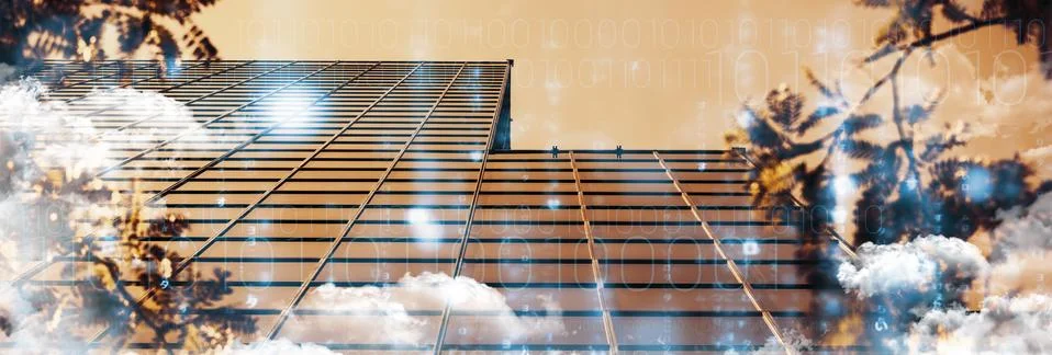 Composite image of clouds over binary coded screen 스톡 사진