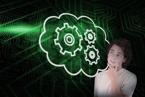 Composite image of cogs and wheels in cloud with casual thinking man Illustrazione stock