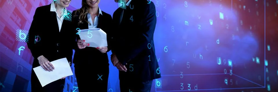 Composite image of colleagues analyzing data against white background Fotos de archivo