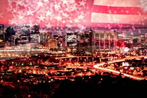 Composite image of colourful fireworks exploding on black background Foto stock