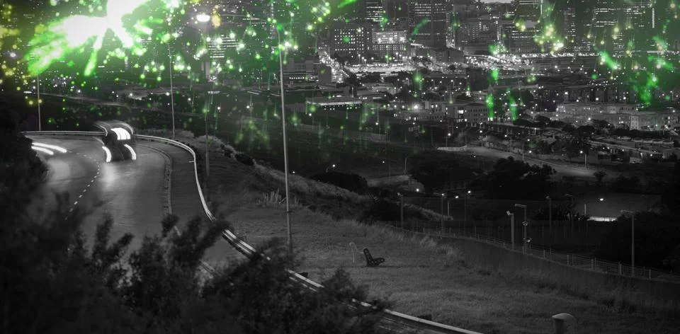 Composite image of colourful fireworks exploding on black background Foto stock