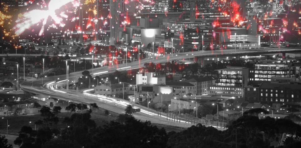 Composite image of colourful fireworks exploding on black background Foto stock