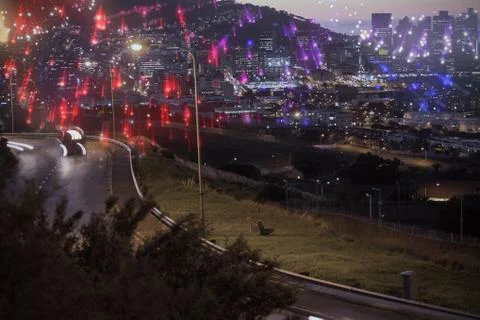 Composite image of colourful fireworks exploding on black background 写真素材