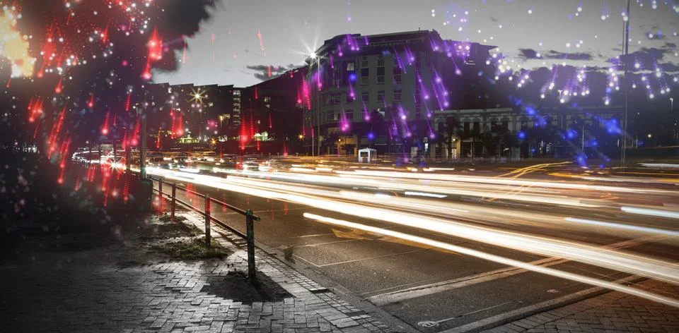 Composite image of colourful fireworks exploding on black background 写真素材