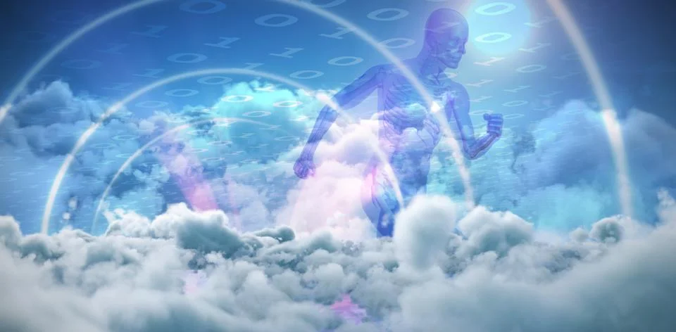 Composite image of composite image of blue character running Stockfoto's