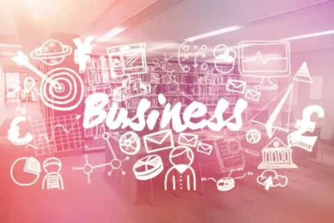 Composite image of composite image of business text surrounded with computer Stock Illustration