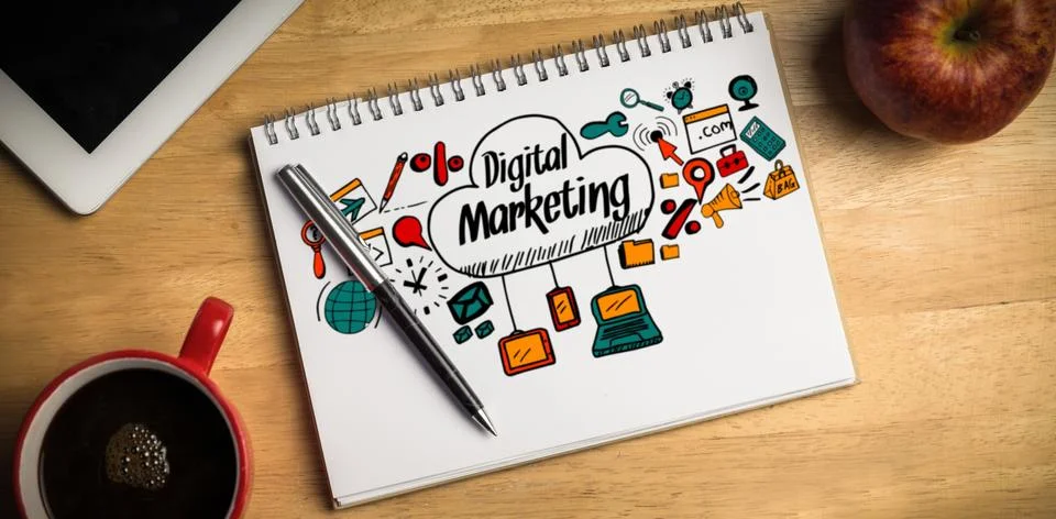 Composite image of composite image of digital marketing text with icons イラスト素材