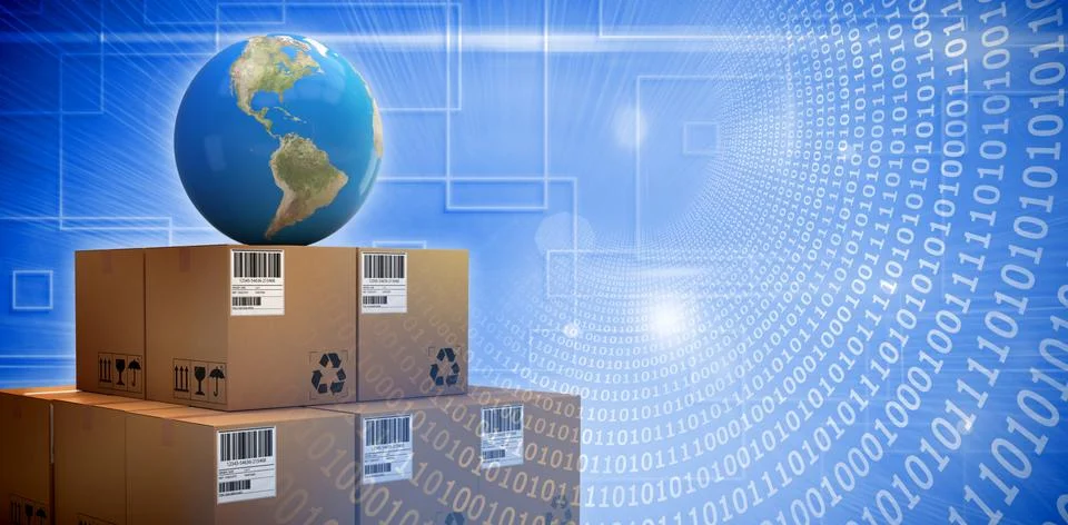 Composite image of composite image of globe on cardboard boxes Stockillustratie