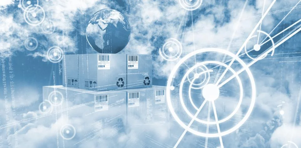 Composite image of composite image of globe on boxes Illustrazione stock