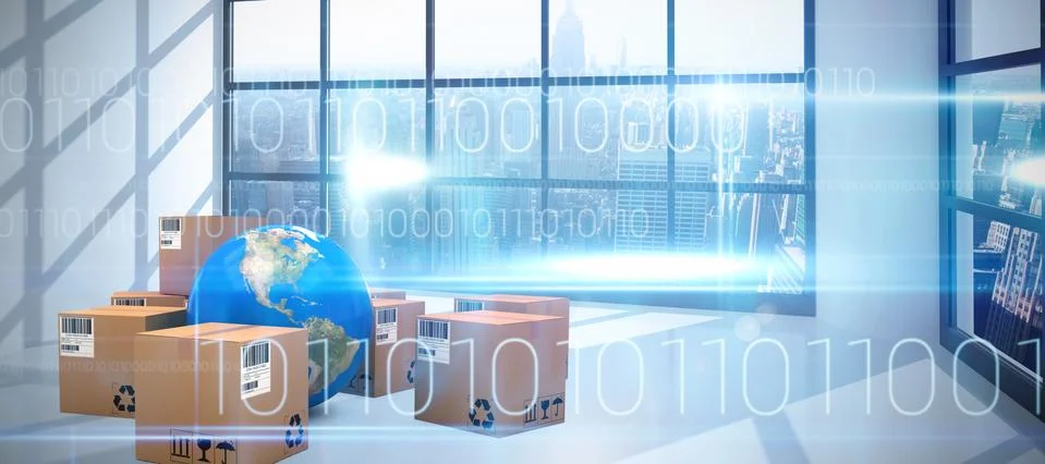 Composite image of composite image of globe with cardboard bxoes 库存插图