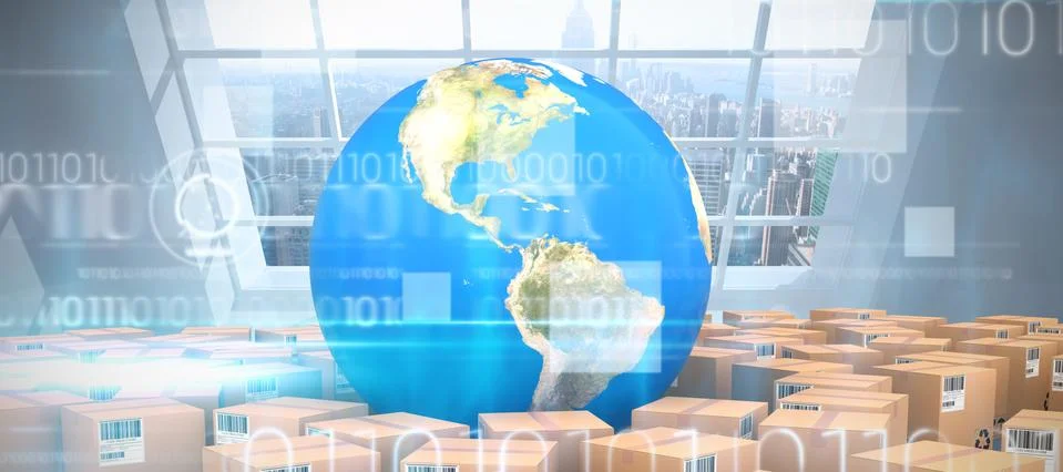 Composite image of composite image of globe with boxes Illustrazione stock