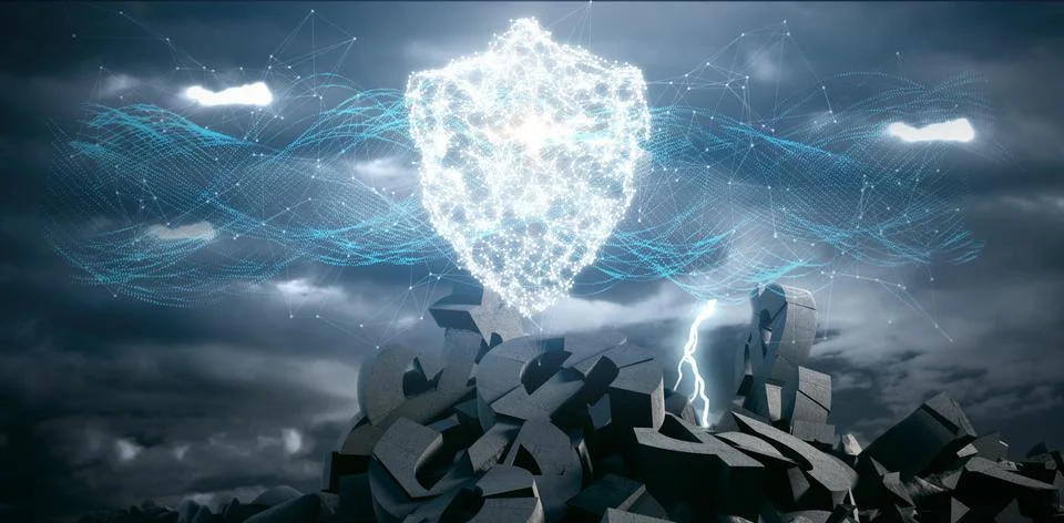 Composite image of composite image of glowing shield and connecting lines Stock Illustration