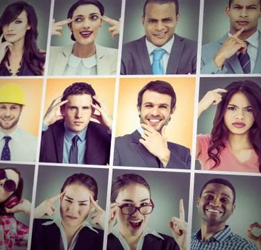 Composite image of composite image of happy businessman making ok sign Stock Photos