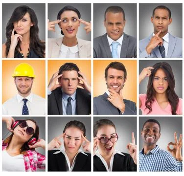 Composite image of composite image of happy businessman making ok sign Stock Photos