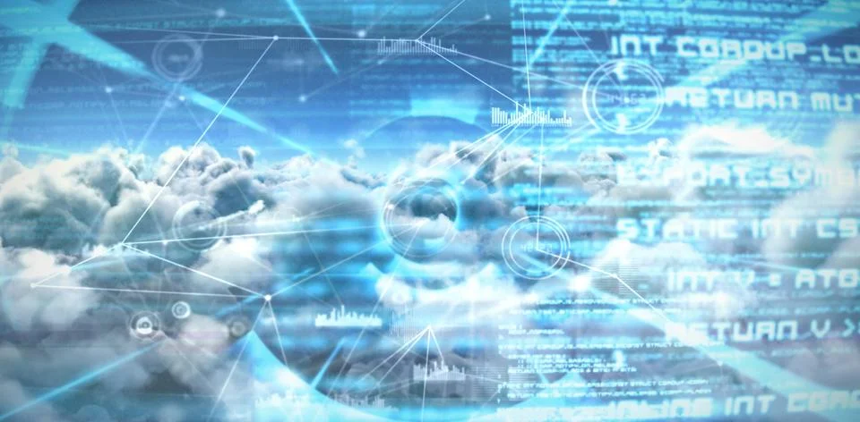 Composite image of composite image of interface connecting lines over clouds Illustrazione stock