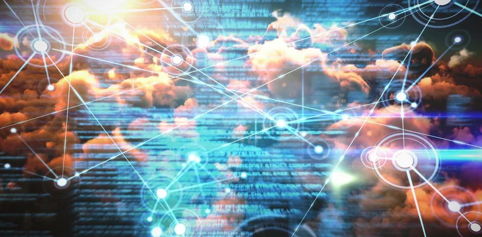 Composite image of composite image of interface connecting lines over orange Stock Illustration