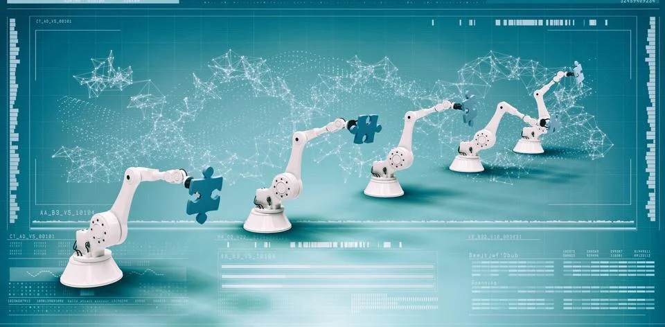 Composite image of composite image of modern robots with jigsaw puzzles 3d 스톡 일러스트