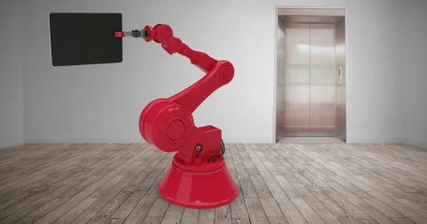 Composite image of composite image of red machine holding digital tablet 3d Stock Illustration