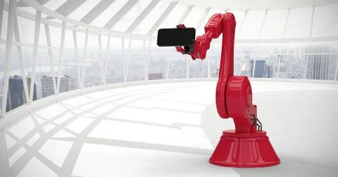 Composite image of composite image of red robot with smart phone 3d Ilustración de archivo