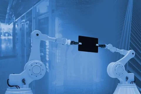 Composite image of composite image of robots holding digital tablet 3d Ilustración de archivo