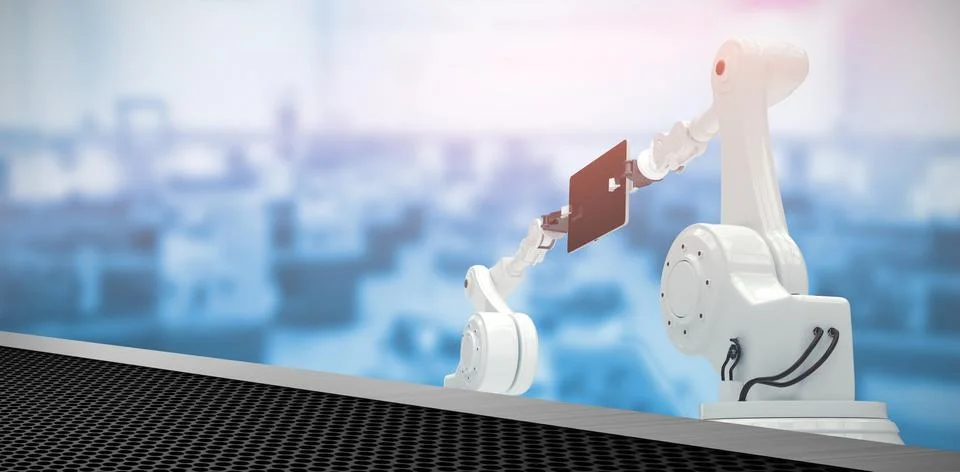 Composite image of composite image of robots with digital tablet 3d Illustrazione stock