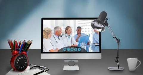 Composite image of computer against white background Stock Photos