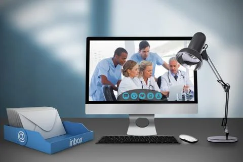 Composite image of computer against white background Fotos de archivo